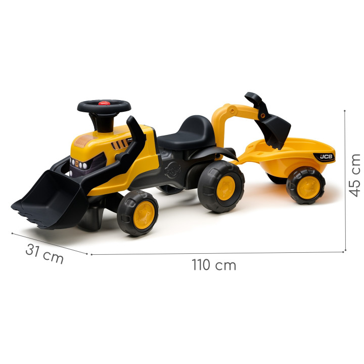 FALK Jeździk Traktor JCB z Przyczepą Grabkami i Łopatką Ciche Koła 1-3