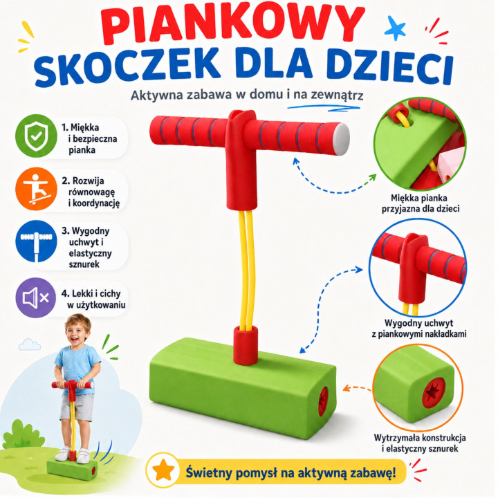 WOOPIE Piankowy Zielony Skoczek Pogo Dla Dzieci Do Skakania Trening Ró